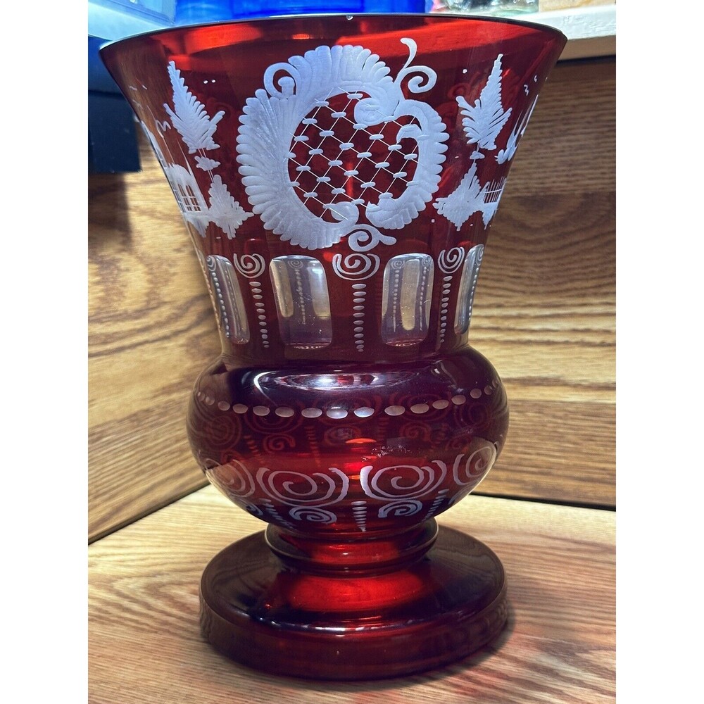 HUGE EGERMANN RUBY RED CUT-TO-CLEAR VASE, STAG & CASTLE, DEER, BOHEMIA
